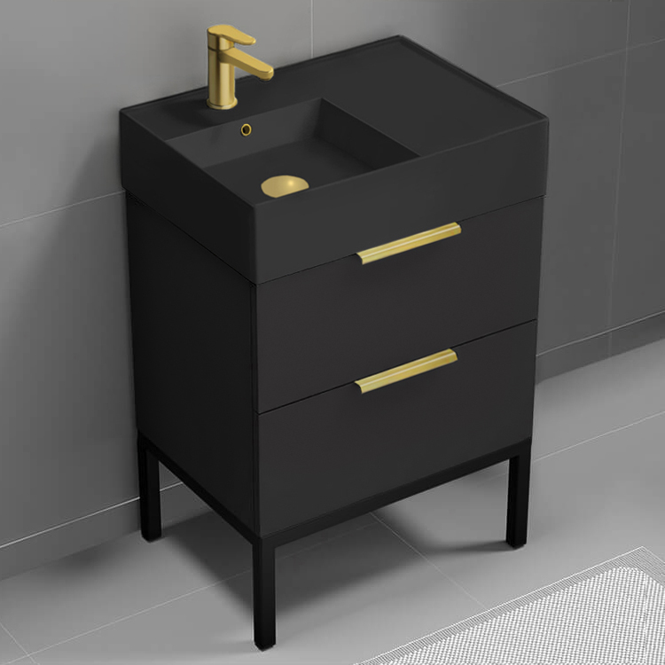 Bathroom Vanity Modern Small Black Bathroom Vanity, 24 Inch, Gold Handles, Free Standing Nameeks DERIN351